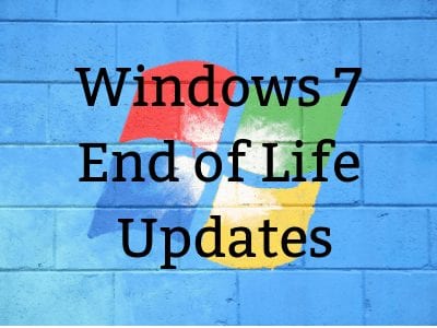 brick wall with Microsoft logo and words "Windows 7 End of Life Updates" in black text