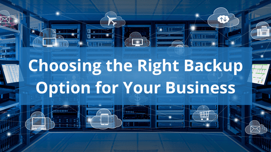 image of server room with icons floating and text overlay that reads "choosing the right backup option for your business"